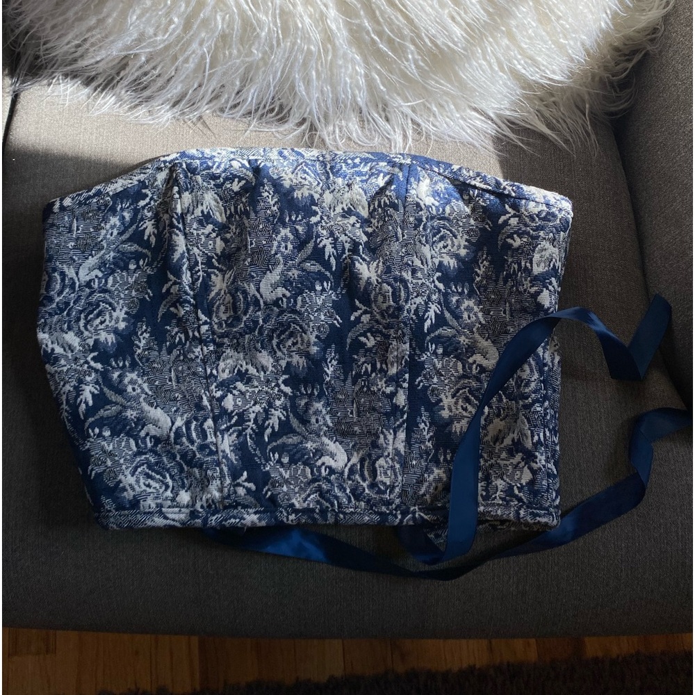 Blue and white patterned lace up corset top originally from mystique boutique